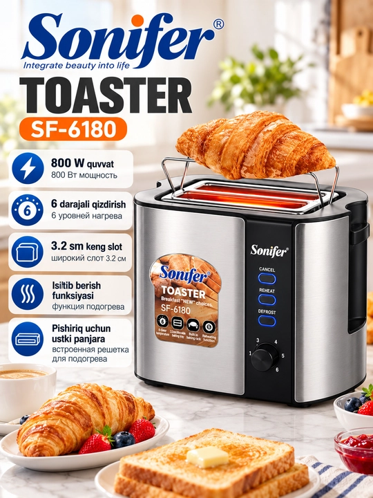 SONIFER SF-6180 elektr toster, non qizartirgich, nonushta va sendvichlar uchun - 
