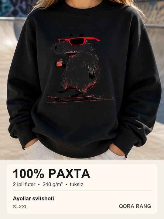 Ayollar svitshoti, skeytborddagi kapibara rasmi, 100% paxta - 