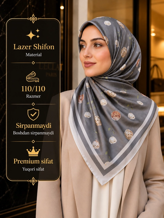 Lazer shifon ro‘mol 110×110, sirpanmaydigan ro'mol, yozgi hijob platok, Xijob sharf - 