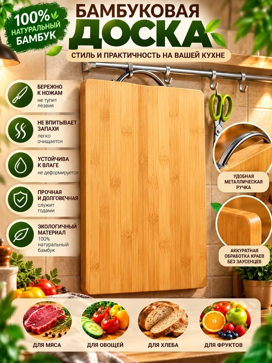 Бамбуковая доска, разделочная доска для кухни, эко доска, доска с металлической ручкой - 