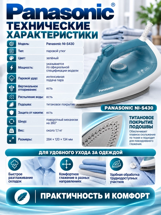 Panasonic NI-S430 bug‘li dazmol, 2400 Vt, titan qoplamali taglik, 100 g/min bug‘ zarbasi