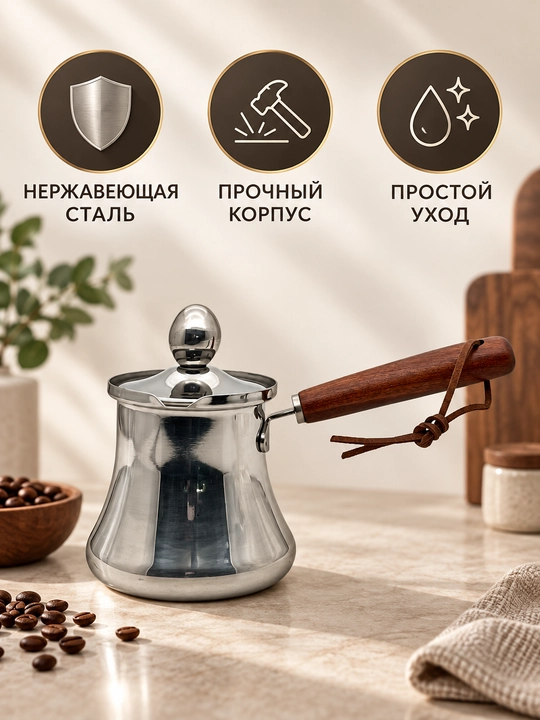 Турка джезва для варки кофе из нержавеющей стали с крышкой и длинной ручкой