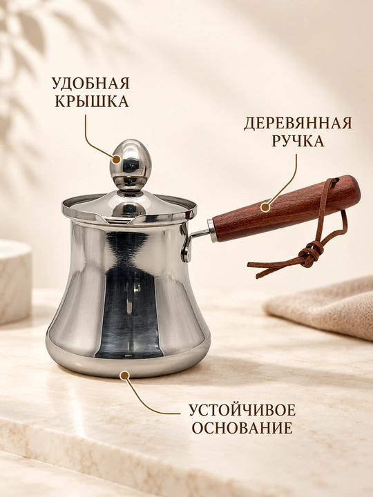 Турка для кофе из нержавеющей стали с крышкой и длинной ручкой для плиты