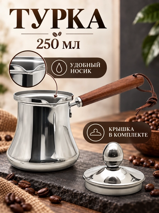 Турка для кофе из нержавеющей стали с крышкой и длинной ручкой для плиты