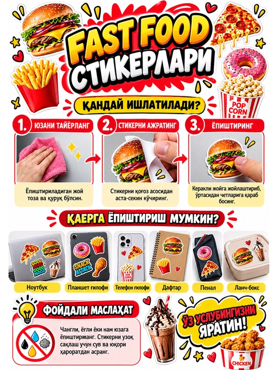 Набор наклеек «Фастфуд» для ноутбука, телефона, планшета и аксессуаров - 