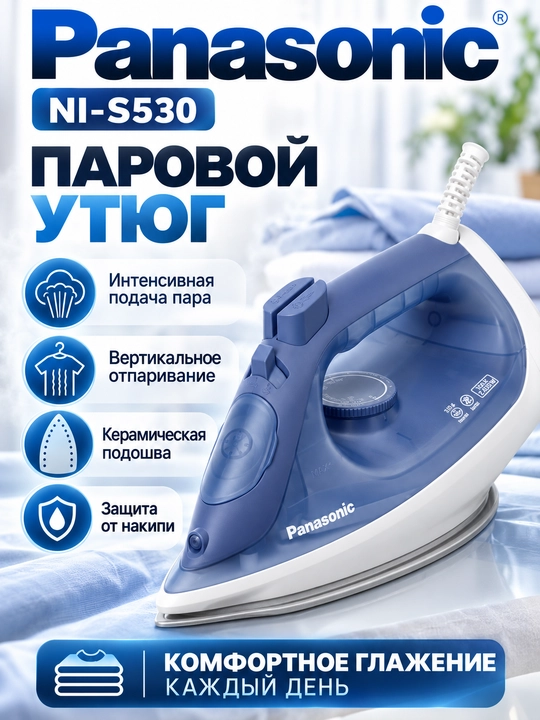 Panasonic NI-S530 bug‘li dazmol, 2400 Vt, keramik taglik, 110 g/min bug‘ zarbasi - 