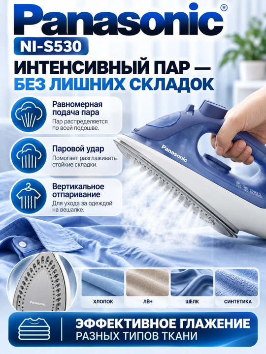 Паровой утюг Panasonic NI-S530, 2400 Вт, керамическая подошва, паровой удар 110 г/мин