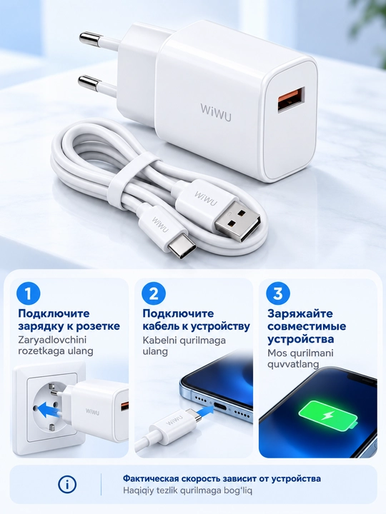 Зарядное устройство 18 вт GaN для телефона WiWU Wi-G006, EU, с кабелем