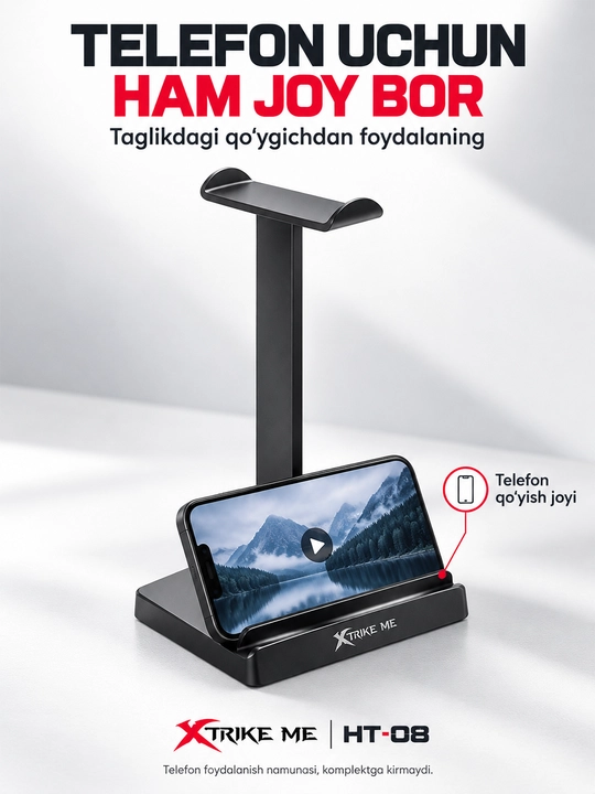 Kompyuter va telefon quloqchinlari uchun tutqich-taglik XTRIKE ME HT-08 telefon qo‘ygichli