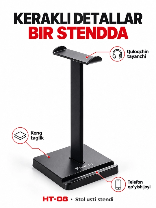 Kompyuter va telefon quloqchinlari uchun tutqich-taglik XTRIKE ME HT-08 telefon qo‘ygichli
