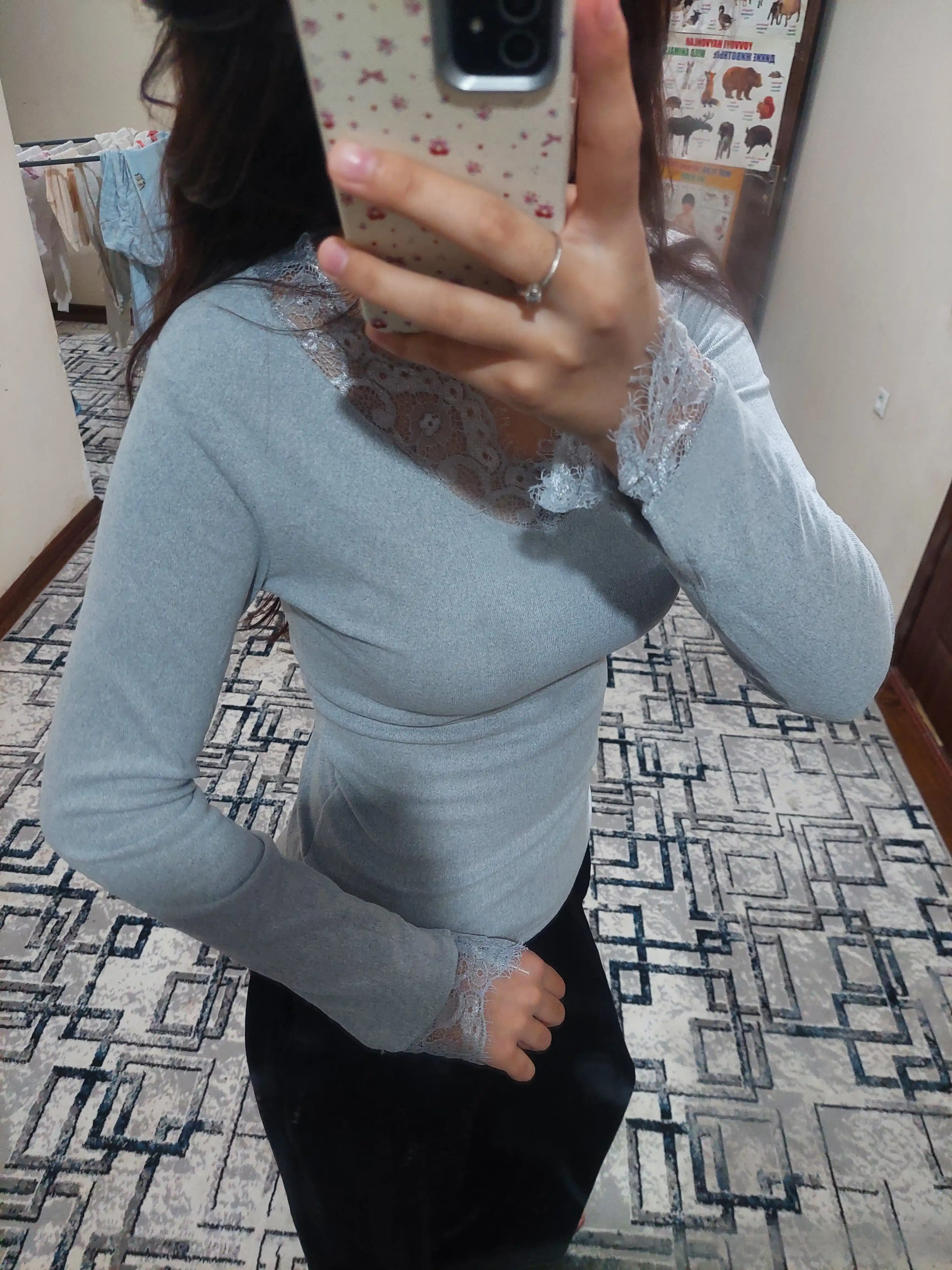 Женский лонгслив с кружевом, V-вырез, велюр S-XL