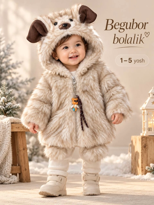 Bolalar uchun qalin shuba palto, ayiqcha quloqli kapyushonli, 1–5 yosh