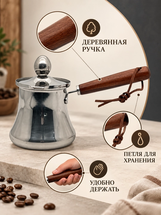 Турка для кофе из нержавеющей стали с крышкой и длинной ручкой для плиты