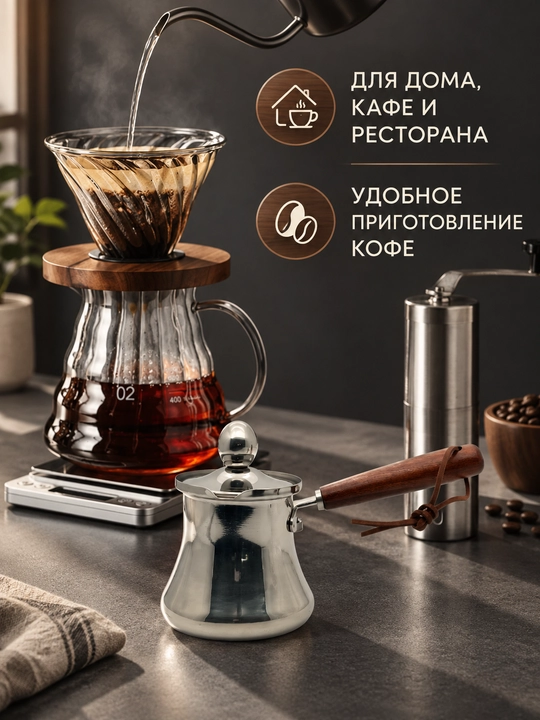 Турка для кофе из нержавеющей стали с крышкой и длинной ручкой для плиты