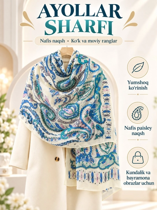 Ayollar sharf, bo‘yin sharf, yumshoq sharf, kuzgi sharf, nafis sharf, uzun sharf, 70*140