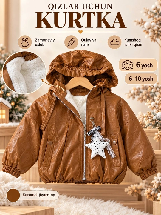Куртка для девочек с эффектом кожи, мягкой начёсной подкладкой и капюшоном, 6–10 лет - 