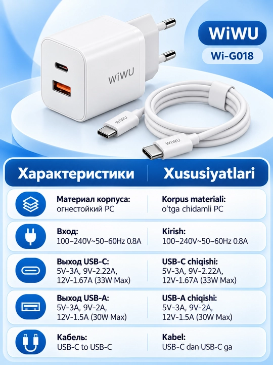 Быстрая зарядка 33 вт GaN WiWU Wi-G018, USB-C и USB-A, с кабелем