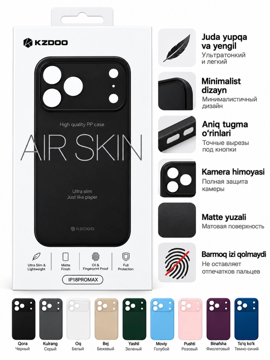 IPhone 18/ 17/ 16/ 15/ 14/ 13 Pro Max, Pro, Air uchun Air Skin yupqa g‘ilof KZDOO - 0.3 mm
