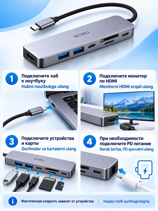 USB-C хаб 7-в-1 WiWU Wi-HB007, HDMI 4K 60 Гц, PD 100 Вт, USB 3.0, SD TF - 