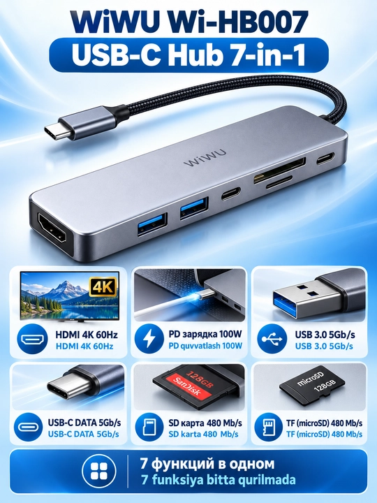 USB-C хаб 7-в-1 WiWU Wi-HB007, HDMI 4K 60 Гц, PD 100 Вт, USB 3.0, SD TF