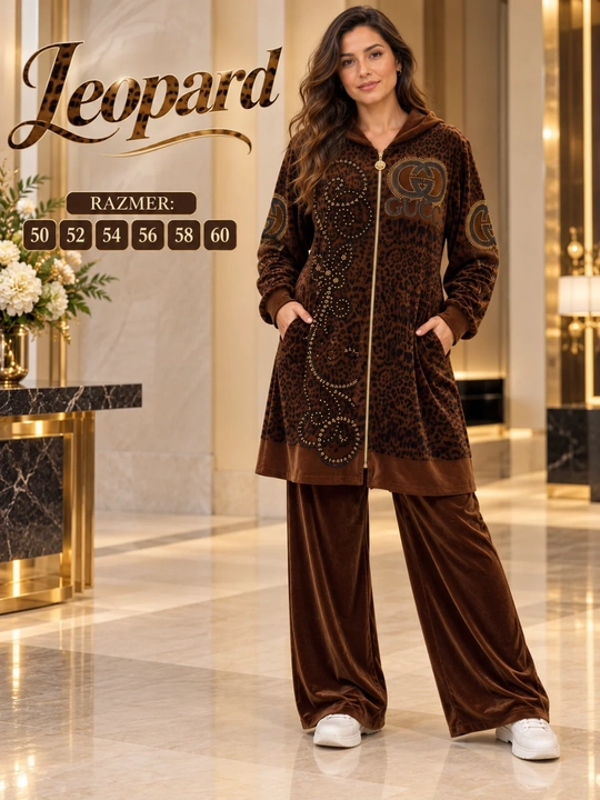 Ayollar uchun leopard naqshli bambuk kostyum, zamokli uzun kofta va shim. O'lcham: 50-60 - 