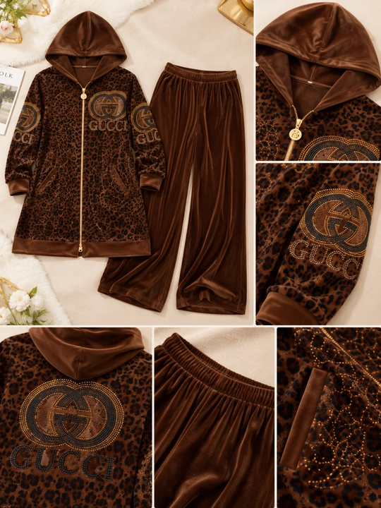 Ayollar uchun leopard naqshli bambuk kostyum, zamokli uzun kofta va shim. O'lcham: 50-60