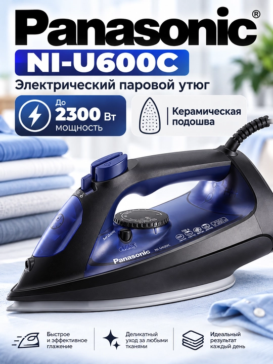 Panasonic NI-U600C bug‘li dazmol, 2300 Vt, keramik taglik, 130 g bug‘ zarbasi, - 