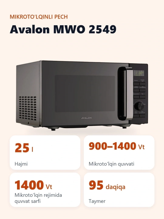 Mikroto'lqinli pech Avalon MWO 2549, xonadon uchun