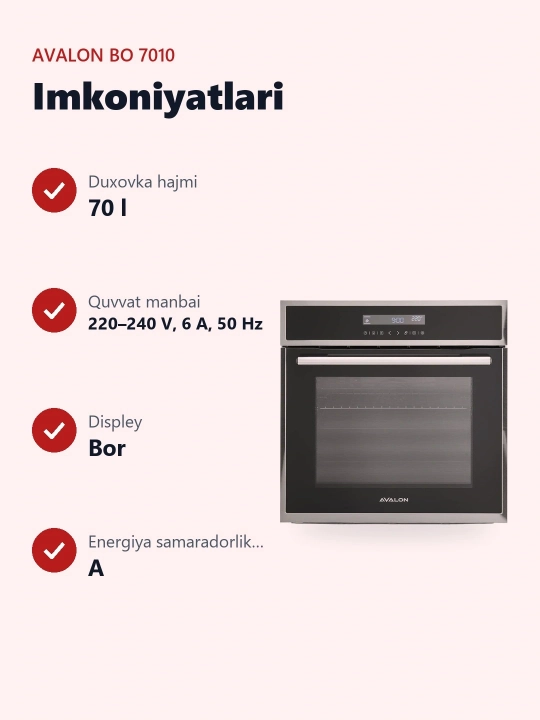 Встраиваемый духовой шкаф Avalon BO 7010, для квартиры