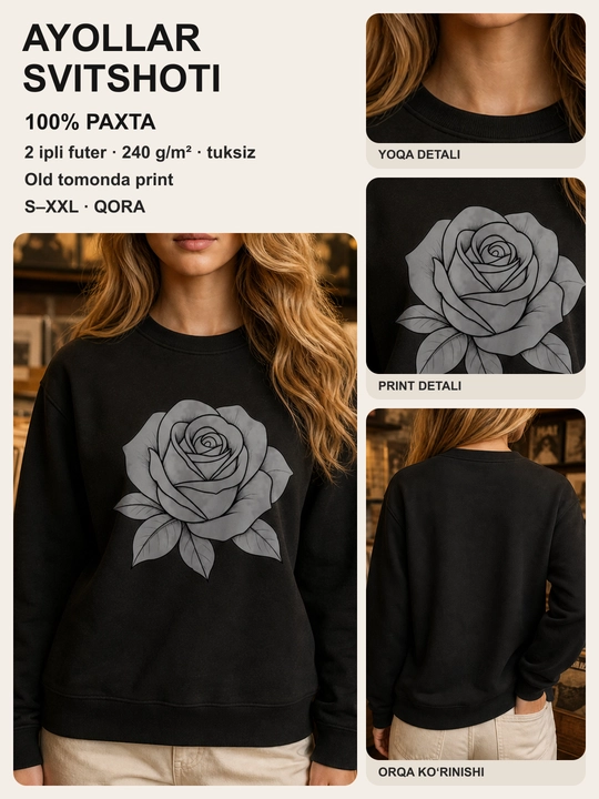Ayollar uchun atirgul printli svitshot, 100% paxta, erkin bichim - 