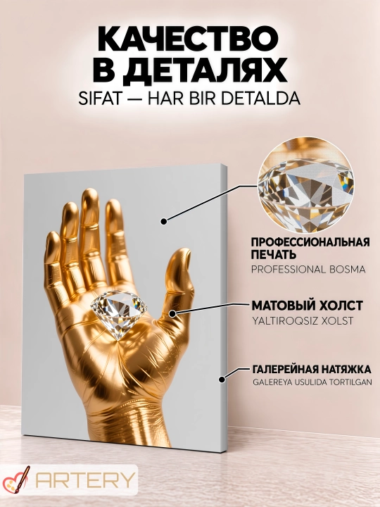 Interyer uchun xolst rasmi ARTERY "Oltin sehr", podramnikli devor posteri