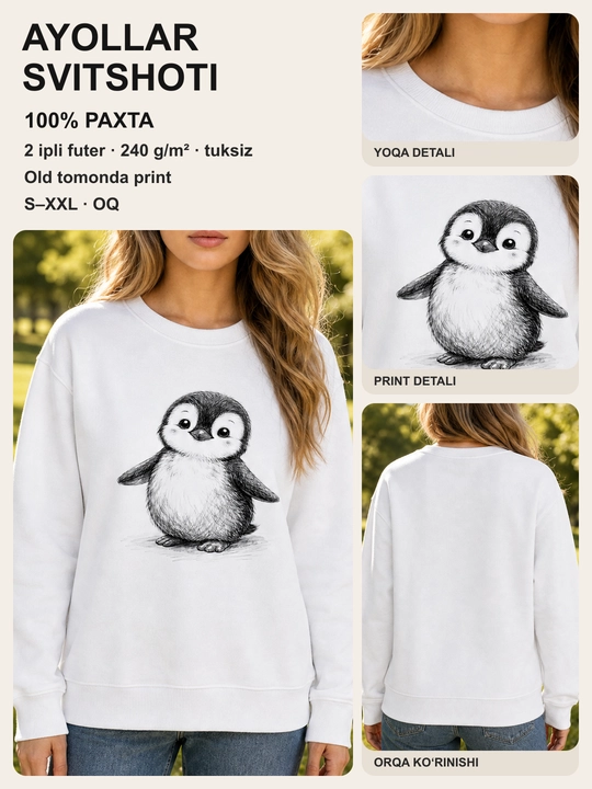 Ayollar uchun pingvin printli svitshot, 100% paxta, erkin bichim - 