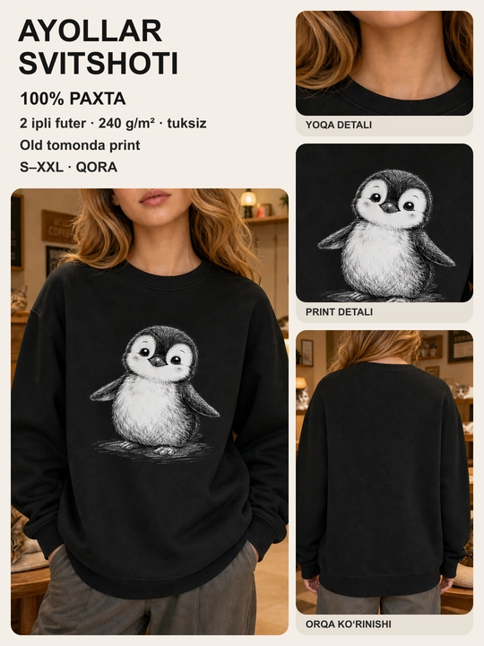 Ayollar uchun pingvin printli svitshot, 100% paxta, erkin bichim - 