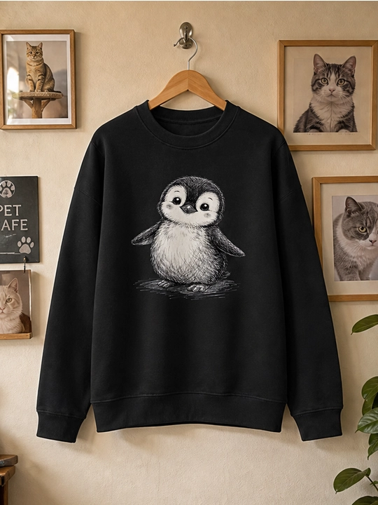 Ayollar uchun pingvin printli svitshot, 100% paxta, erkin bichim