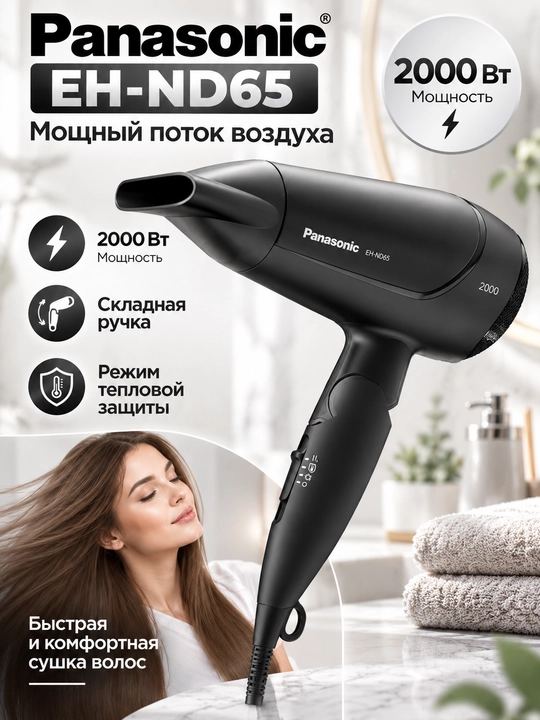 Panasonic EH-ND65-K865 soch quritgichi 2000Vt buklanadigan dastak, 3 ta havo oqimi rejimi, - 