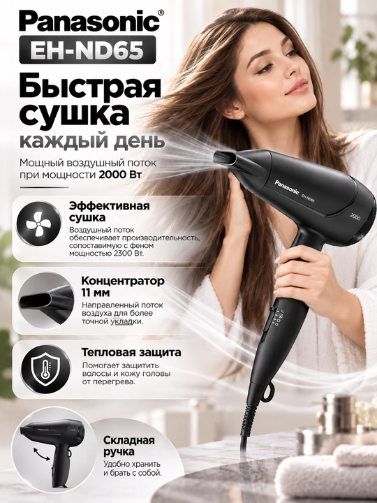 Panasonic EH-ND65-K865 soch quritgichi 2000Vt buklanadigan dastak, 3 ta havo oqimi rejimi,