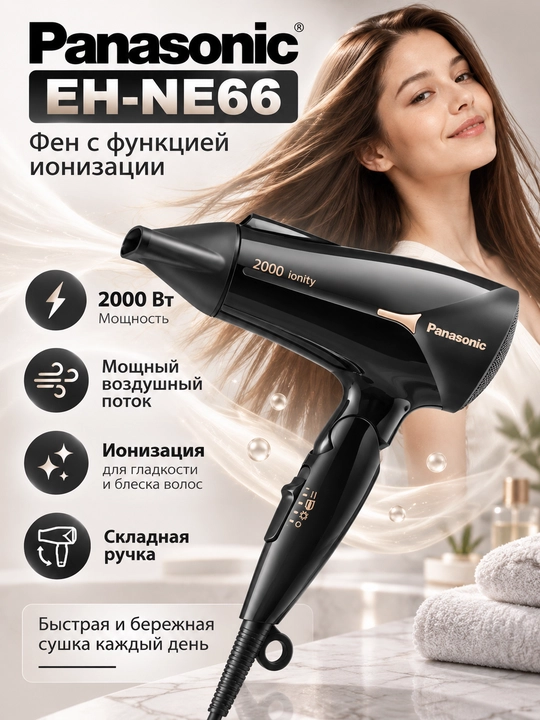 Panasonic EH-NE66-K865 sochlarini fen mashinasi, 2000W, ionlash, katlanadigan tutqich, 3 ta havo oqimi rejimi - 