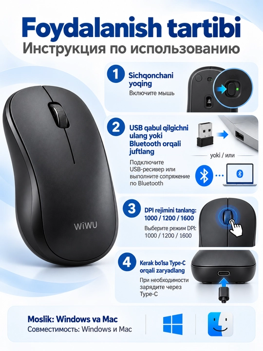 Simsiz sichqoncha WiWU WM101-C, Bluetooth va 2.4G, Type-C, 1600 DPI
