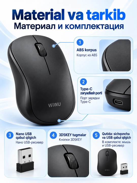 Simsiz sichqoncha WiWU WM101-C, Bluetooth va 2.4G, Type-C, 1600 DPI