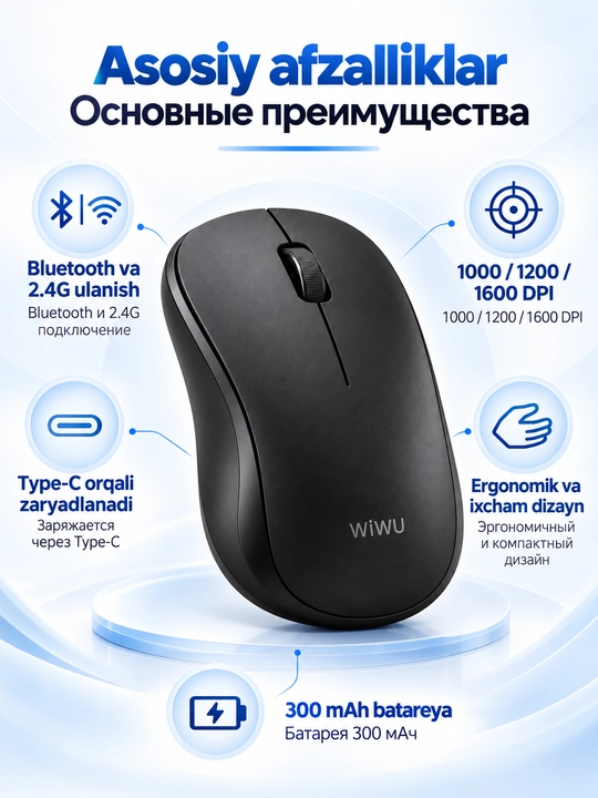 Simsiz sichqoncha WiWU WM101-C, Bluetooth va 2.4G, Type-C, 1600 DPI