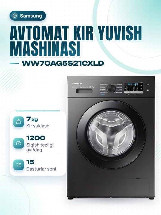 Samsung avtomat kir yuvish mashinasi WW70AG5S21CXLD, uy uchun - 