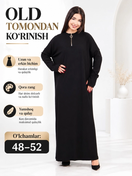 Ayollar uzun koylagi qora, keng koynak, uzun yengli, zamokli kuynek, kuylaki kiyim 48-52 - 