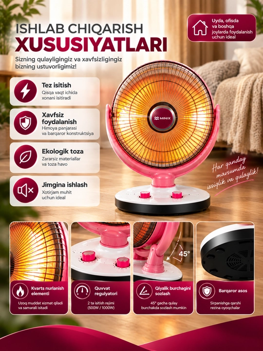 Elektr infraqizil isitgich 1500 Vt — 2 daraja, 25 m² gacha, aylanadigan