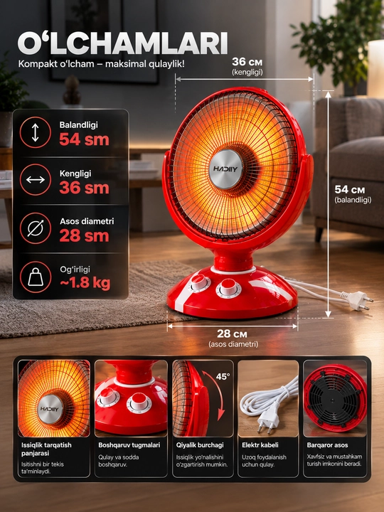 Elektr infraqizil isitgich 1500 Vt — 2 daraja, 25 m² gacha, aylanadigan