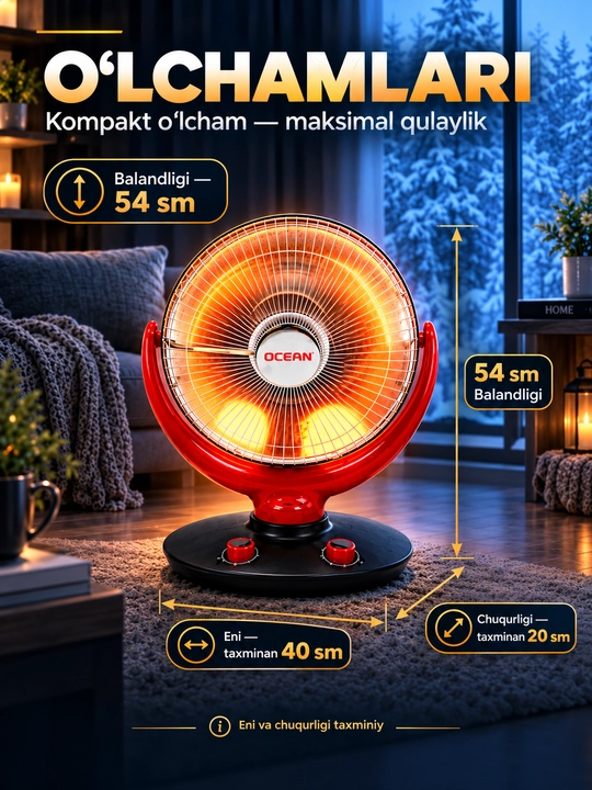 Elektr infraqizil isitgich 1500 Vt — 2 daraja, 25 m² gacha, aylanadigan