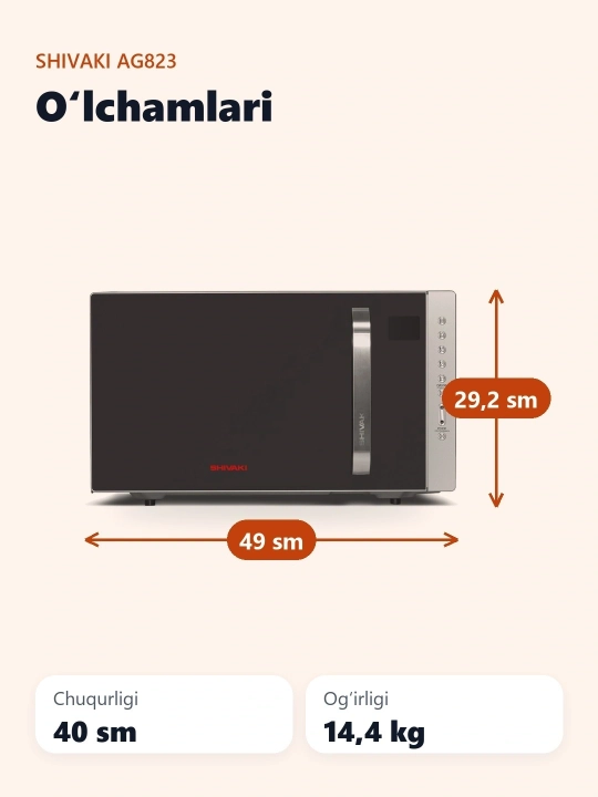Mikroto'lqinli pech Shivaki AG 823 AY8, xonadon uchun