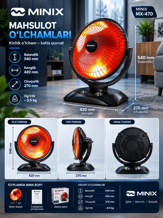 Elektr infraqizil isitgich 1500 Vt — 2 daraja, 25 m² gacha, aylanadigan