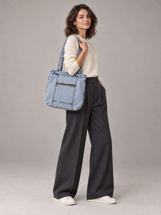 Denim shopper sumka, yelkaga taqiladigan jinsi sumka, kundalik va o‘qish uchun F17 JEANS