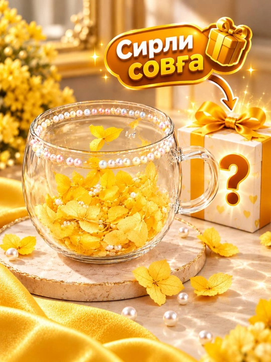 Прозрачная стеклянная кружка с цветочным декором и жемчужными элементами - 