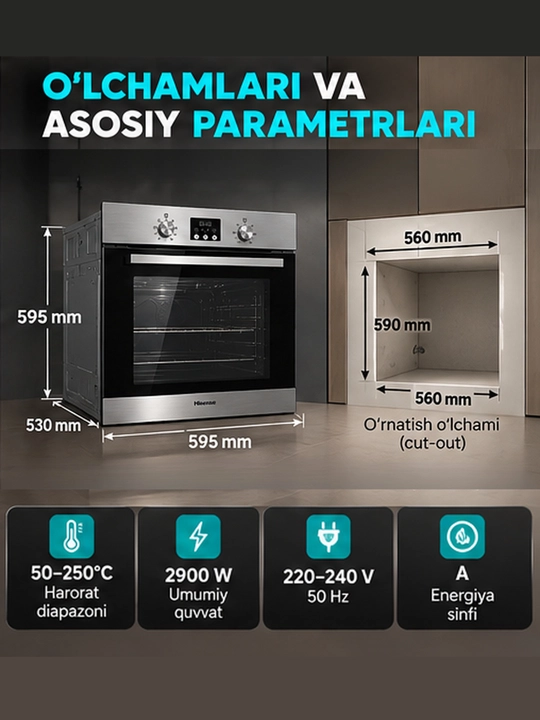 Hisense HBO60103 o‘rnatiladigan elektr duxovka, 61 litr, 2900 Vt, 8 ta funksiya